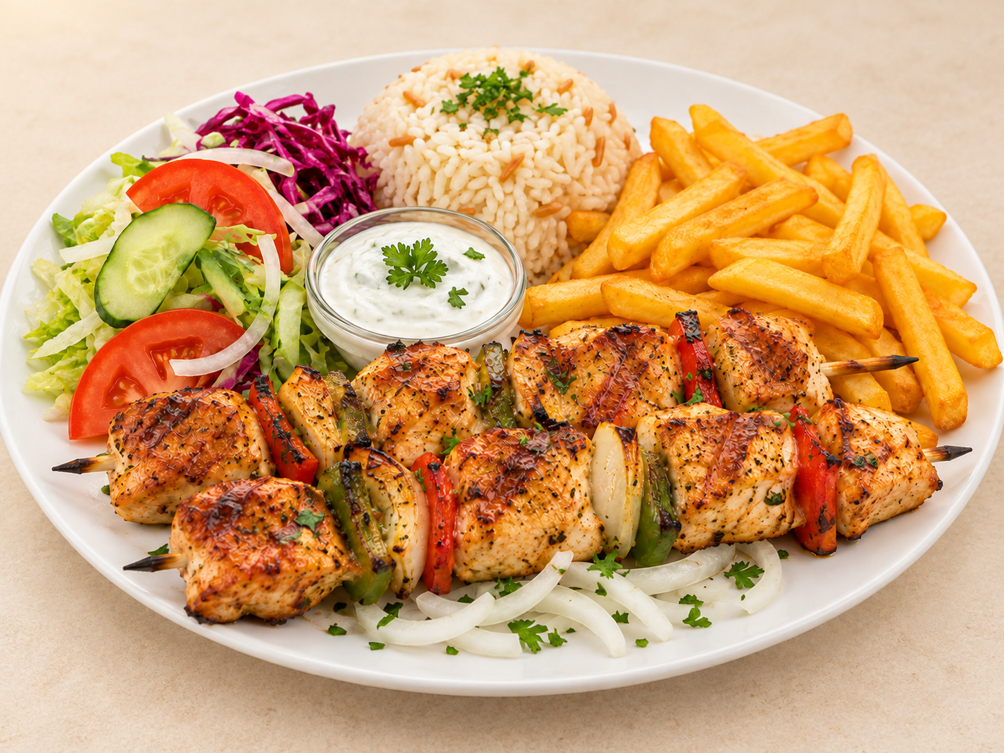 Hähnchenspieß Teller mit Reis, Pommes und Salat