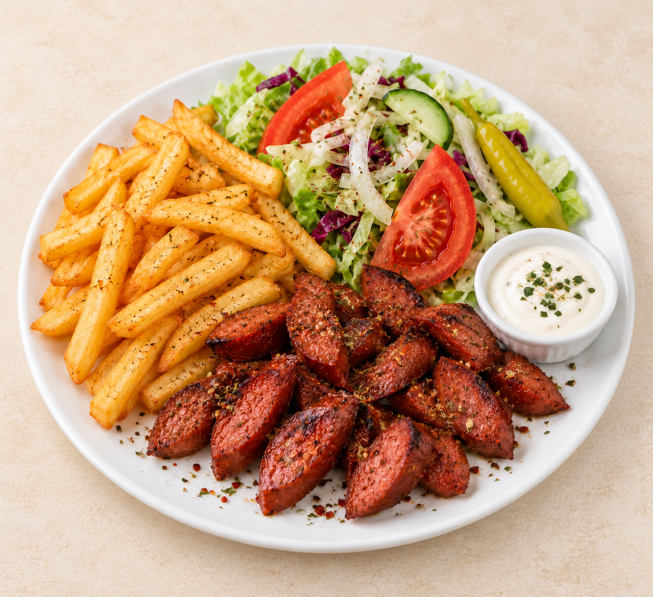 Sucuk Teller mit Pommes und Salat