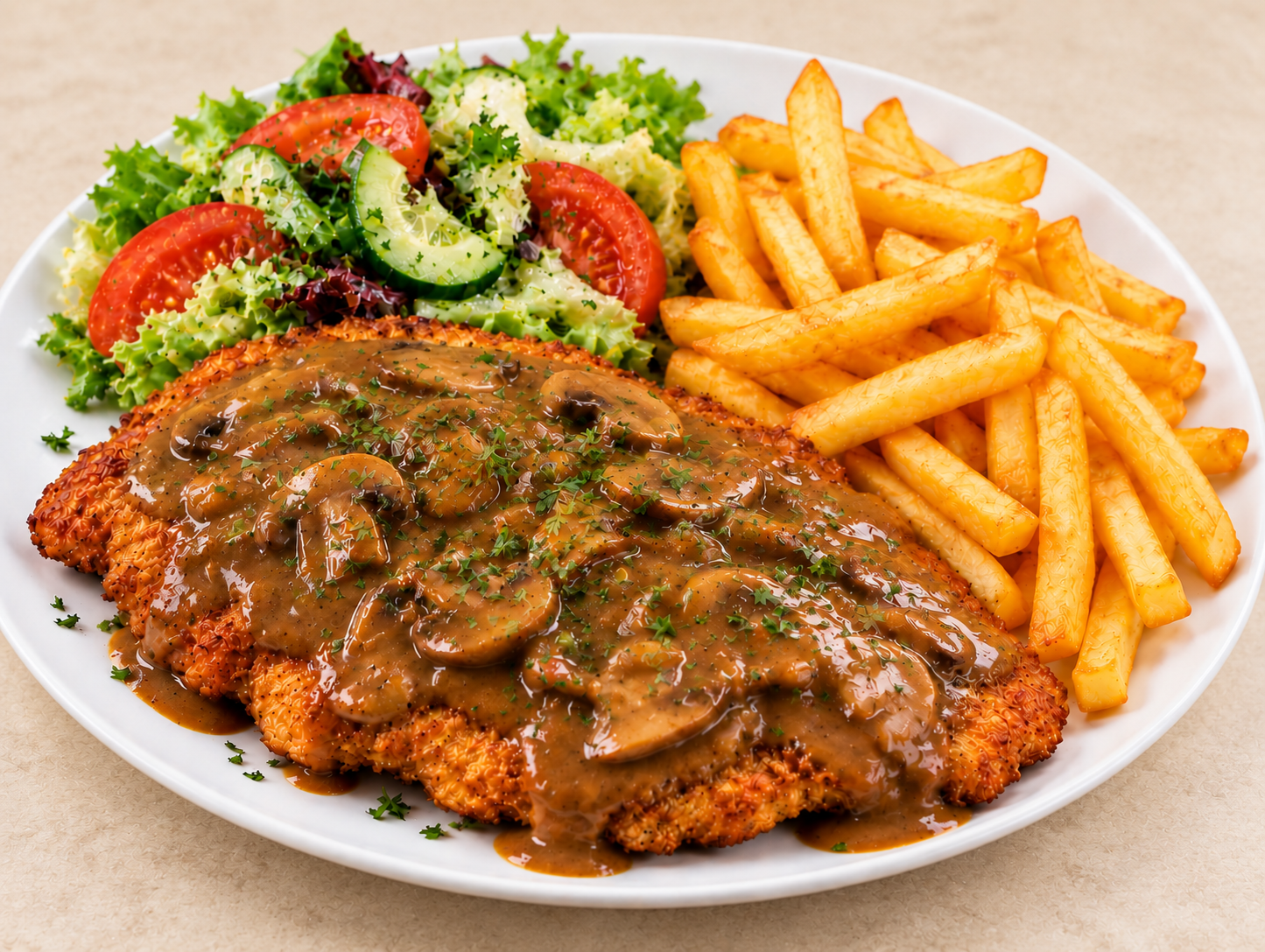 Jägerschnitzel mit Pommes und Salat