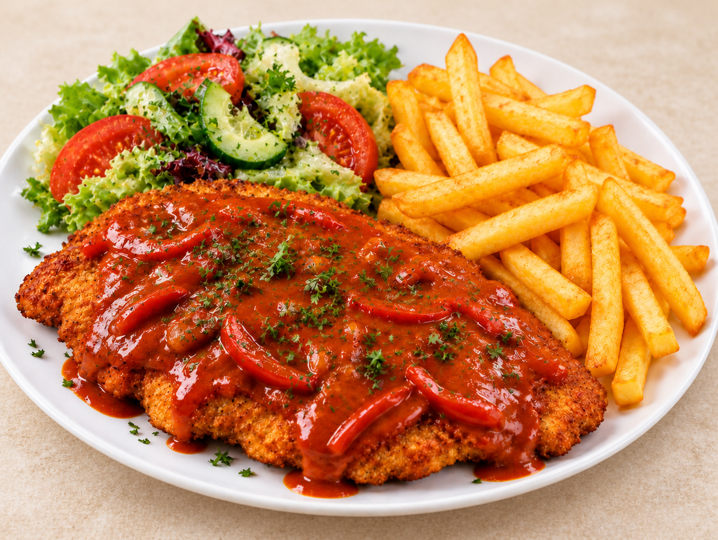 Paprikaschnitzel mit Pommes und Salat